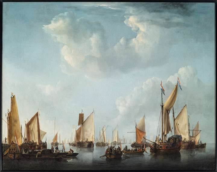 A Calm with a States Yacht and other Vessels in a crowded harbor scene